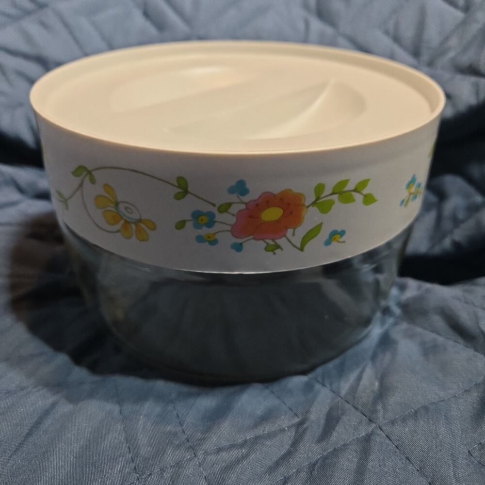 Vintage Pyrex Ware Clear Glass Storage Container with Floral Design Plastic Lid